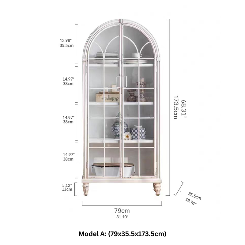 Front-facing image of white bookshelf with arched top and glass doors showcasing decor items