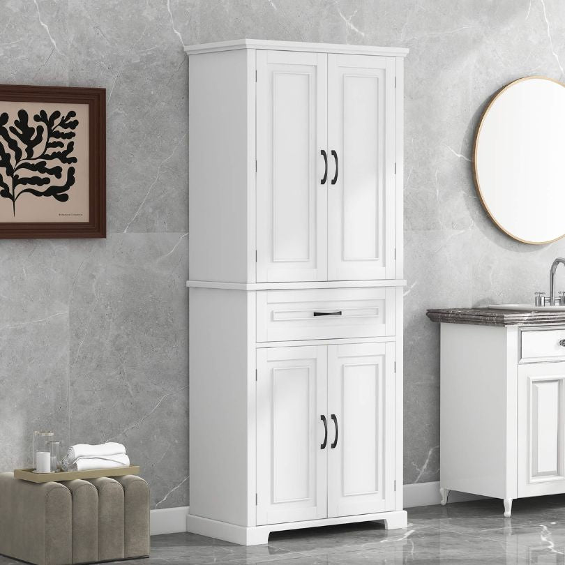 Front view of the elegant white bathroom cabinet showcasing its doors and drawers.