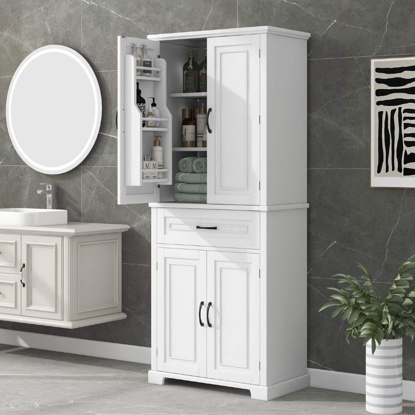 Side angle of the white storage cabinet, emphasizing its modern design and adjustable shelves.