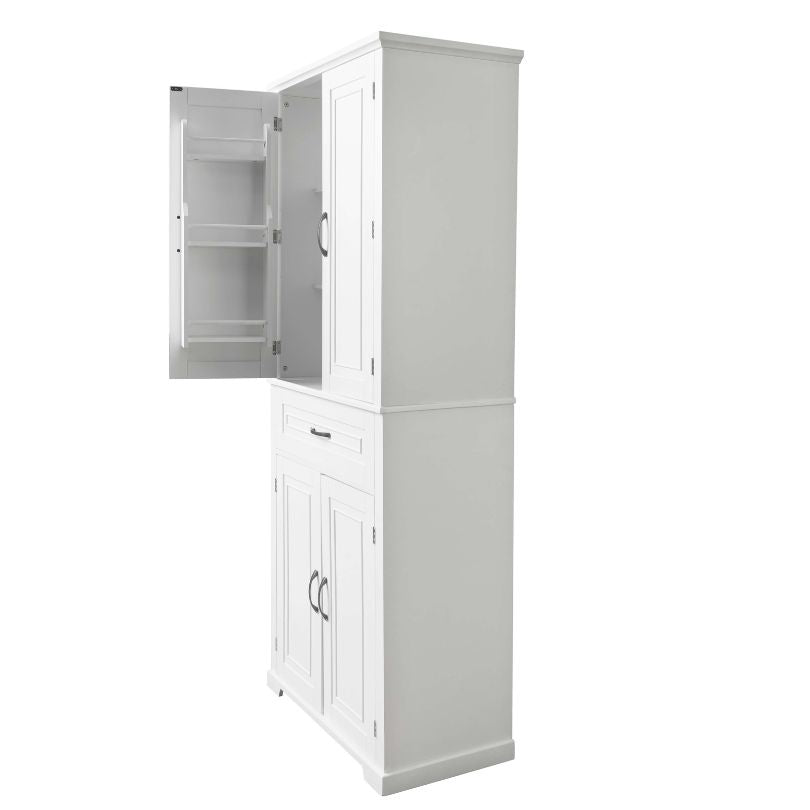 Front view of the elegant white bathroom cabinet showcasing its doors and drawers.