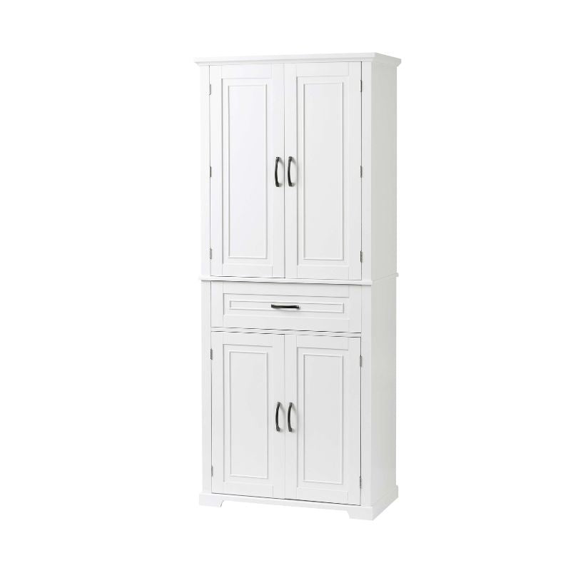 Front view of the elegant white bathroom cabinet showcasing its doors and drawers.
