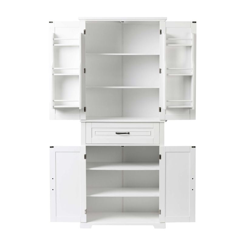 Side angle of the white storage cabinet, emphasizing its modern design and adjustable shelves.