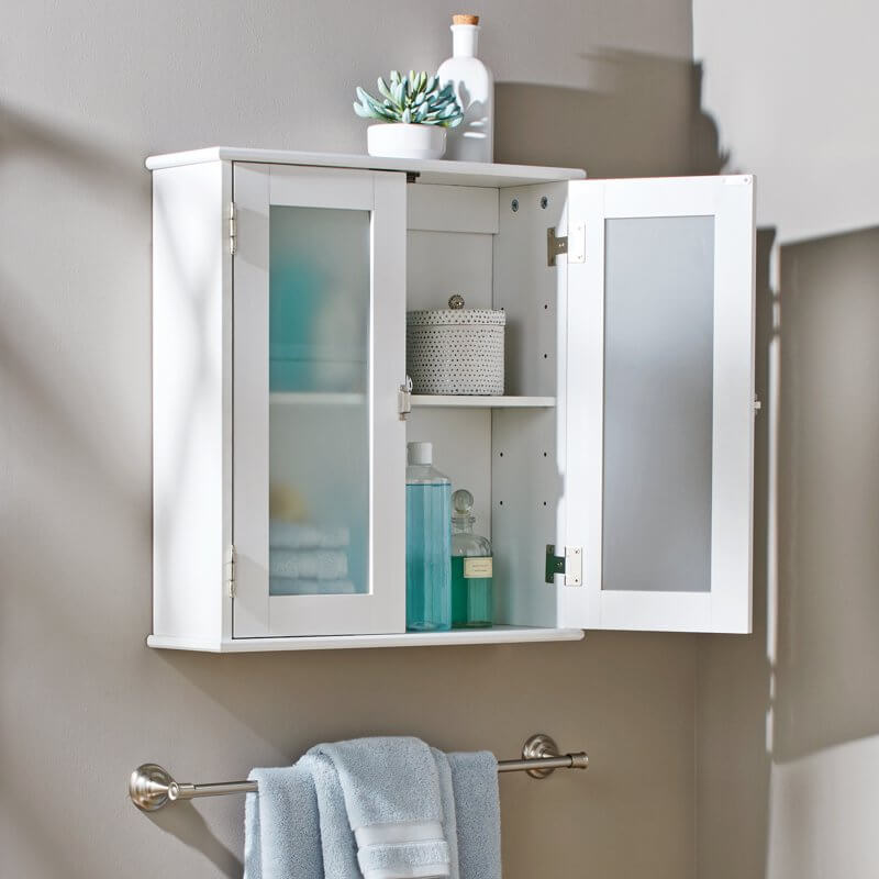 Front view of the modern white wall-mounted bathroom cabinet showcasing its frosted glass doors and adjustable shelves.