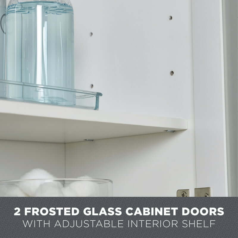 Front view of the modern white wall-mounted bathroom cabinet showcasing its frosted glass doors and adjustable shelves.