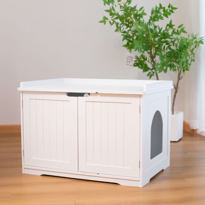 Elegant double door wooden cat litter box showcasing a clean interior and stylish design.