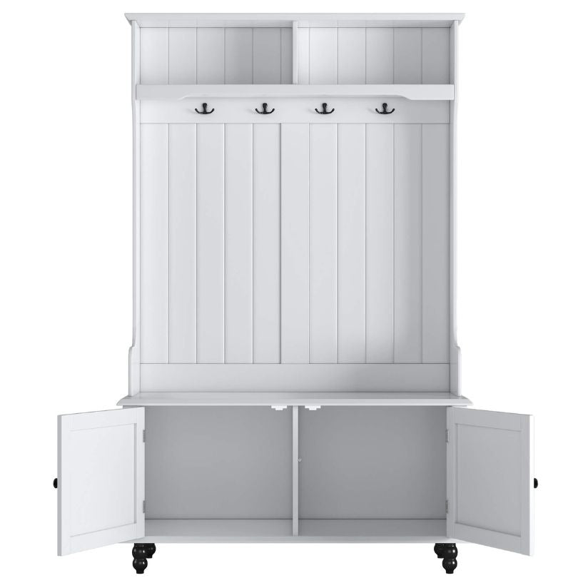 Side view showing the storage shelves of the entryway bench