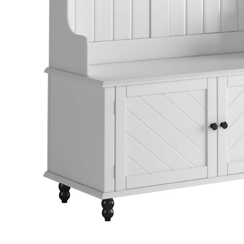 Front view of the elegant white hall tree with a coat rack and bench