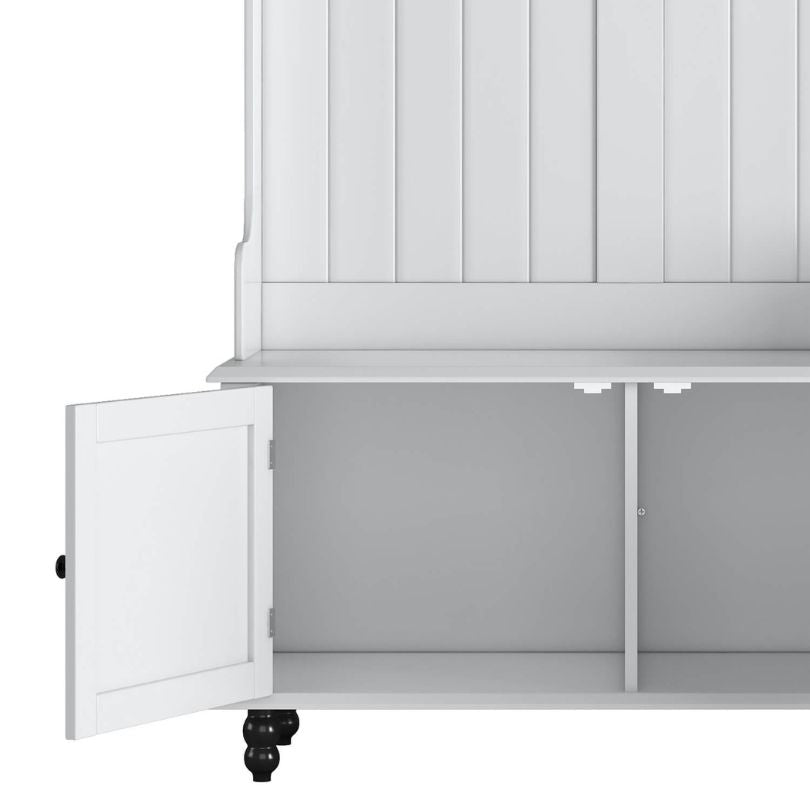 Side view showing the storage shelves of the entryway bench