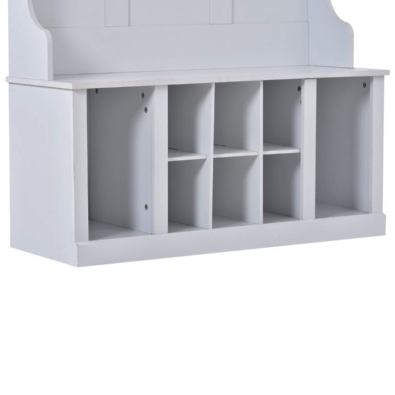 Front view of the modern white hall tree showcasing its storage and hooks.