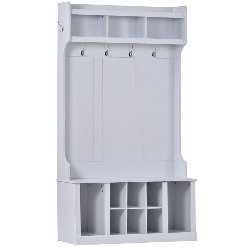 Front view of the modern white hall tree showcasing its storage and hooks.