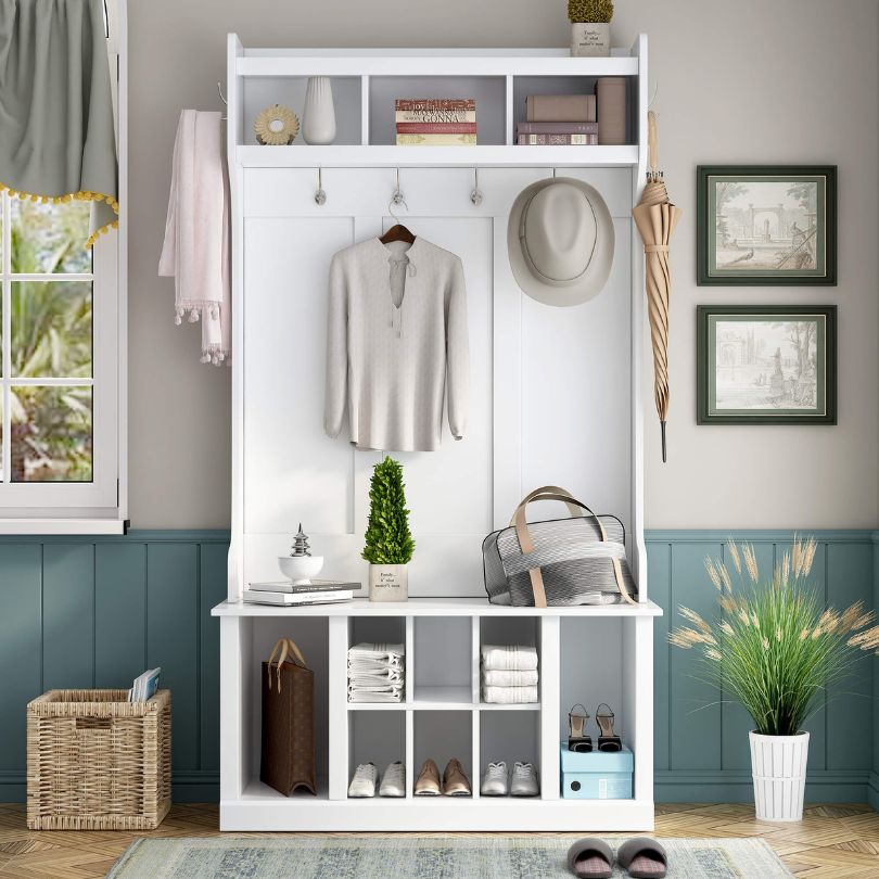 Front view of the modern white hall tree showcasing its storage and hooks.