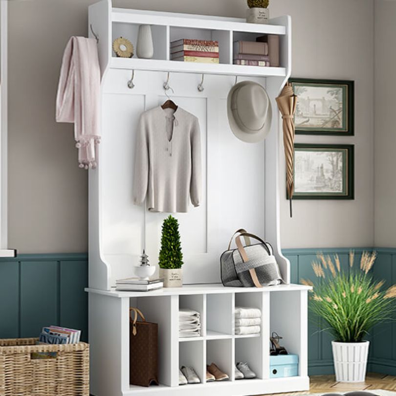 Side angle of the entryway bench highlighting the adjustable shelves.