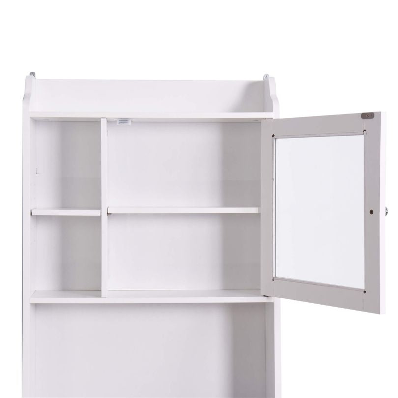 Close-up of adjustable shelves inside the white cabinet, highlighting versatile storage options.