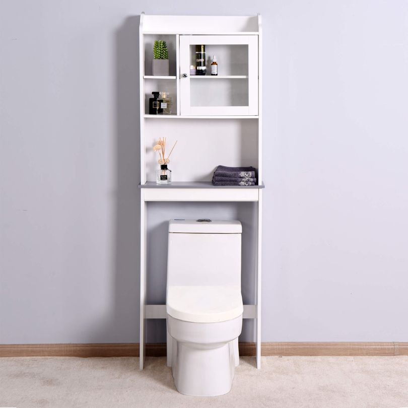 Front view of the elegant white over-the-toilet storage cabinet showcasing adjustable shelves.