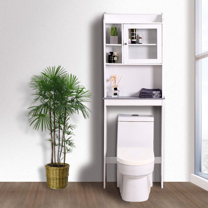 Side angle of the over-the-toilet cabinet demonstrating its sleek design in a modern bathroom.