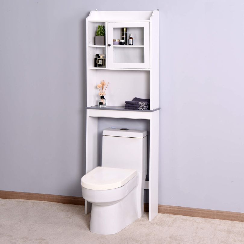 Close-up of adjustable shelves inside the white cabinet, highlighting versatile storage options.