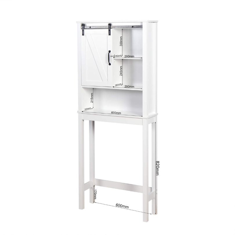 Organized bathroom with a white cabinet, displaying toiletries and essentials on adjustable shelves.
