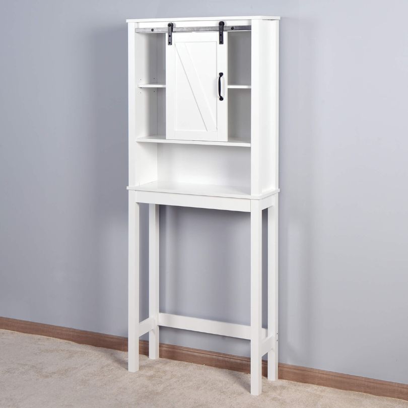 Organized bathroom with a white cabinet, displaying toiletries and essentials on adjustable shelves.