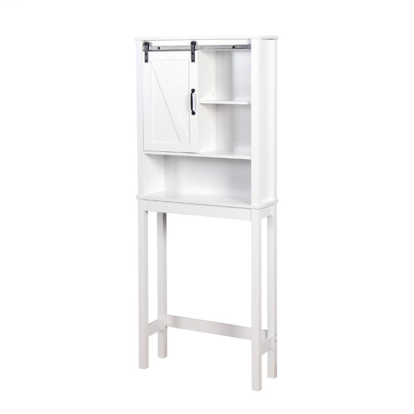 Chic white bathroom cabinet with barn door, showcasing its stylish finish and adjustable shelves.