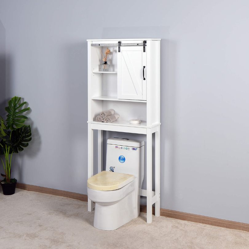 Chic white bathroom cabinet with barn door, showcasing its stylish finish and adjustable shelves.