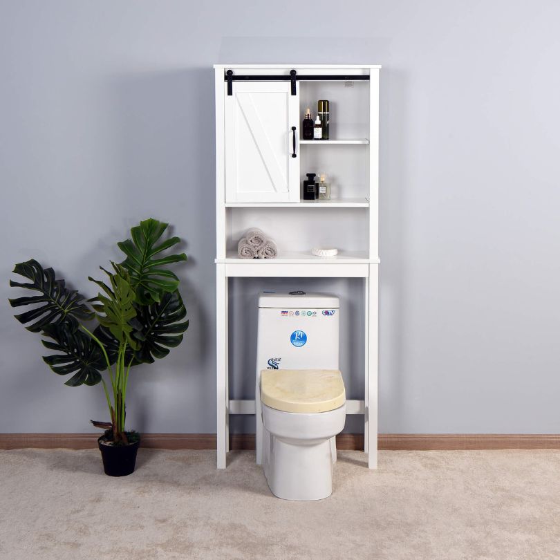 Over-the-toilet storage solution featuring a modern design with a sliding barn door.