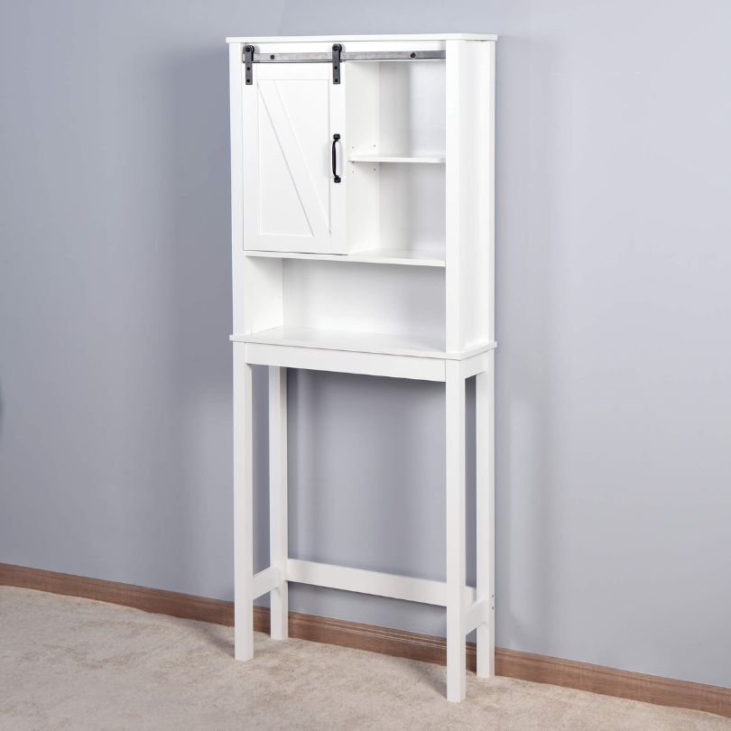 Chic white bathroom cabinet with barn door, showcasing its stylish finish and adjustable shelves.