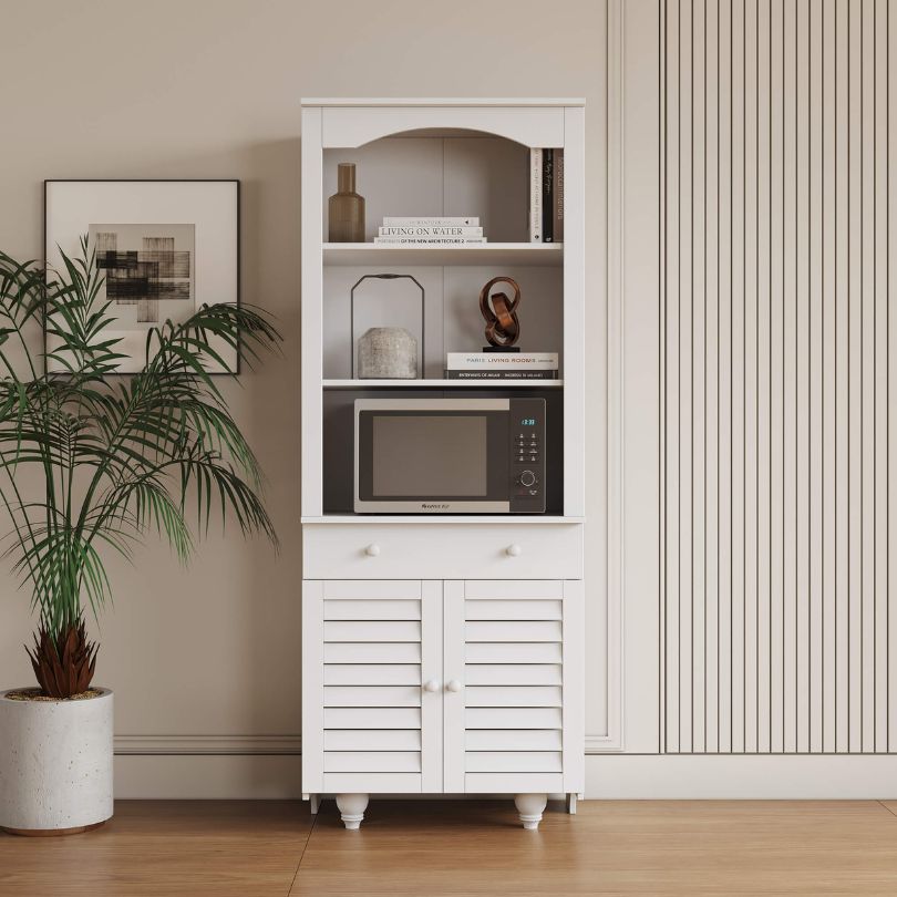 Front view of the white rustic buffet cabinet showcasing its spacious hutch and storage capabilities.