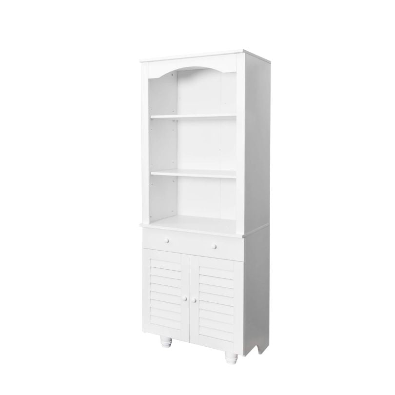 Front view of the white rustic buffet cabinet showcasing its spacious hutch and storage capabilities.