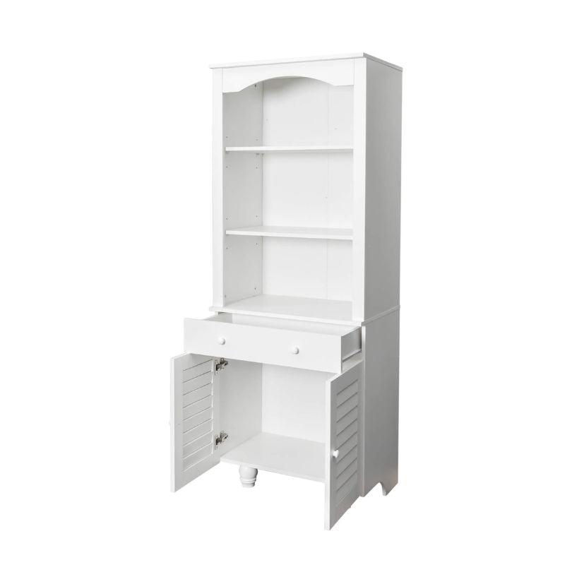 Side angle of the freestanding pantry storage cabinet highlighting adjustable shelves for versatile organization.