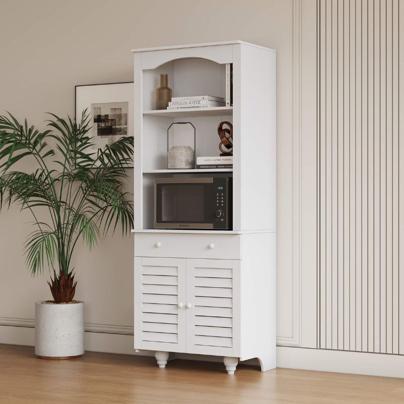 Side angle of the freestanding pantry storage cabinet highlighting adjustable shelves for versatile organization.