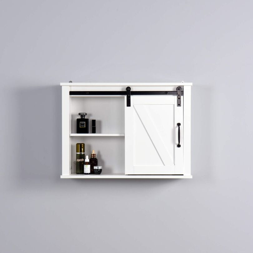 Close-up of the cabinets adjustable shelves and rustic sliding barn door mechanism.