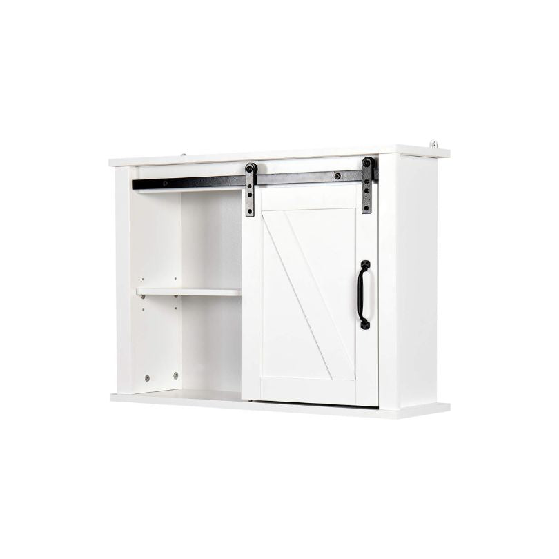 Front view of the stylish wall-mounted bathroom cabinet showcasing the sliding barn door.