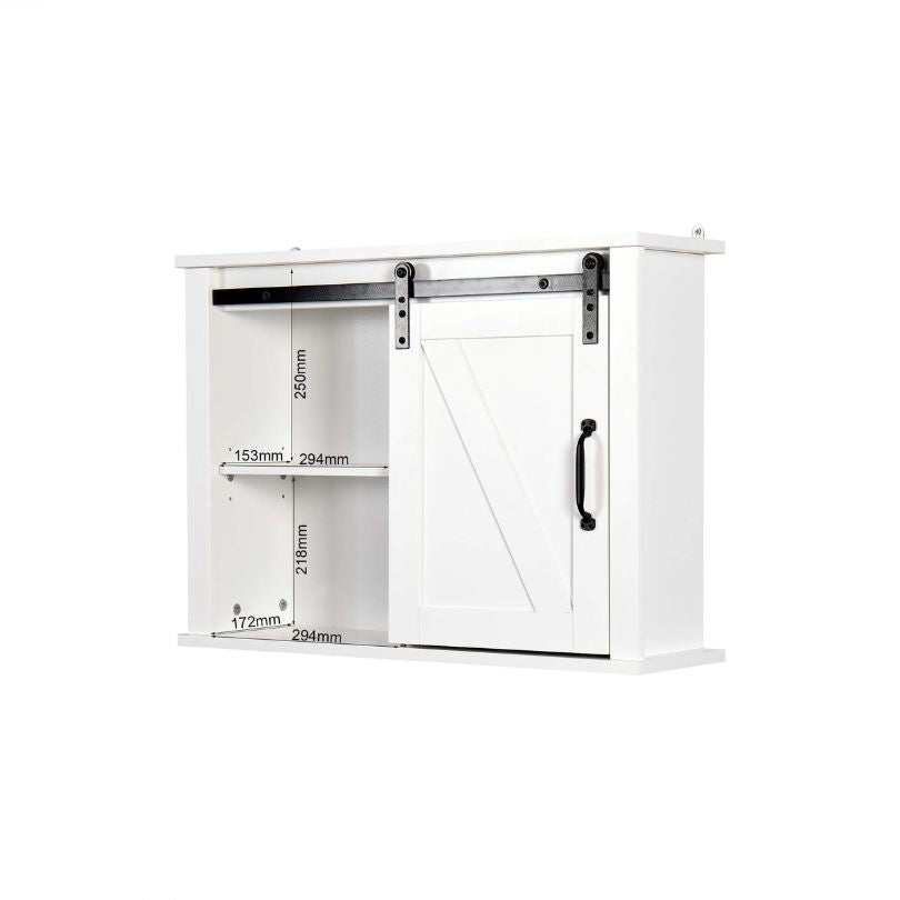 Close-up of the cabinets adjustable shelves and rustic sliding barn door mechanism.