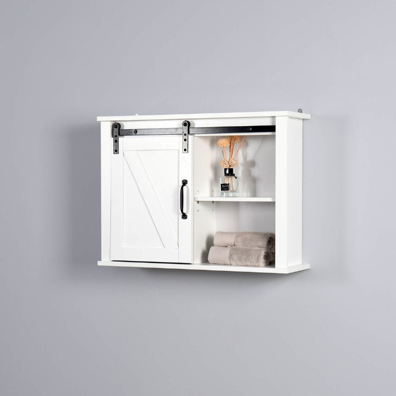 Front view of the stylish wall-mounted bathroom cabinet showcasing the sliding barn door.