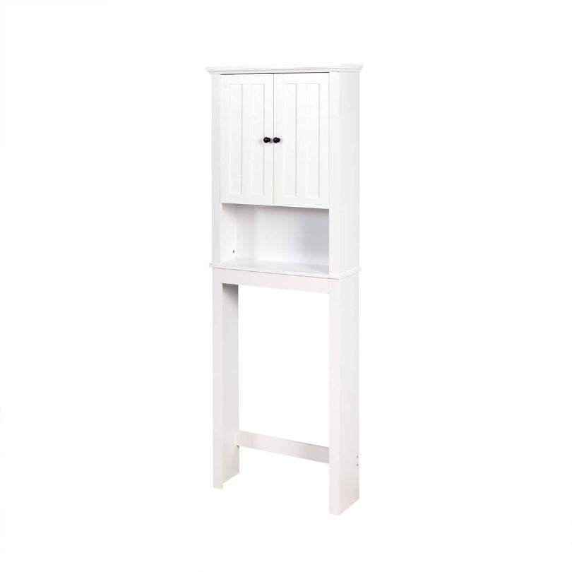 Freestanding white wood cabinet for bathroom organization featuring ample storage.