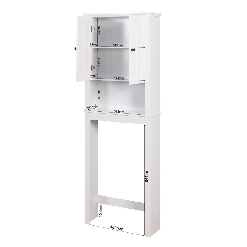 Chic white wood space saver cabinet with doors in a bright bathroom setting.