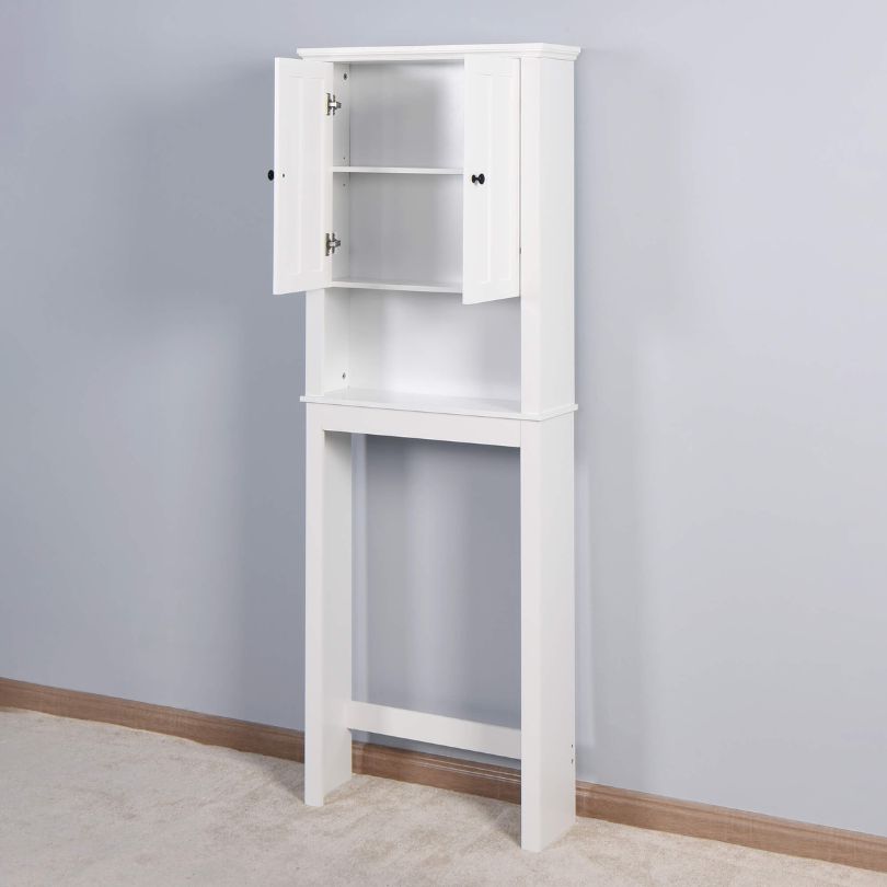 Modern bathroom storage cabinet showcasing adjustable shelves and a clean design.