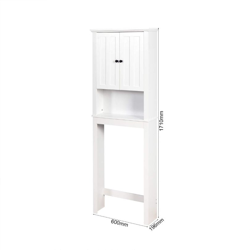 Freestanding white wood cabinet for bathroom organization featuring ample storage.