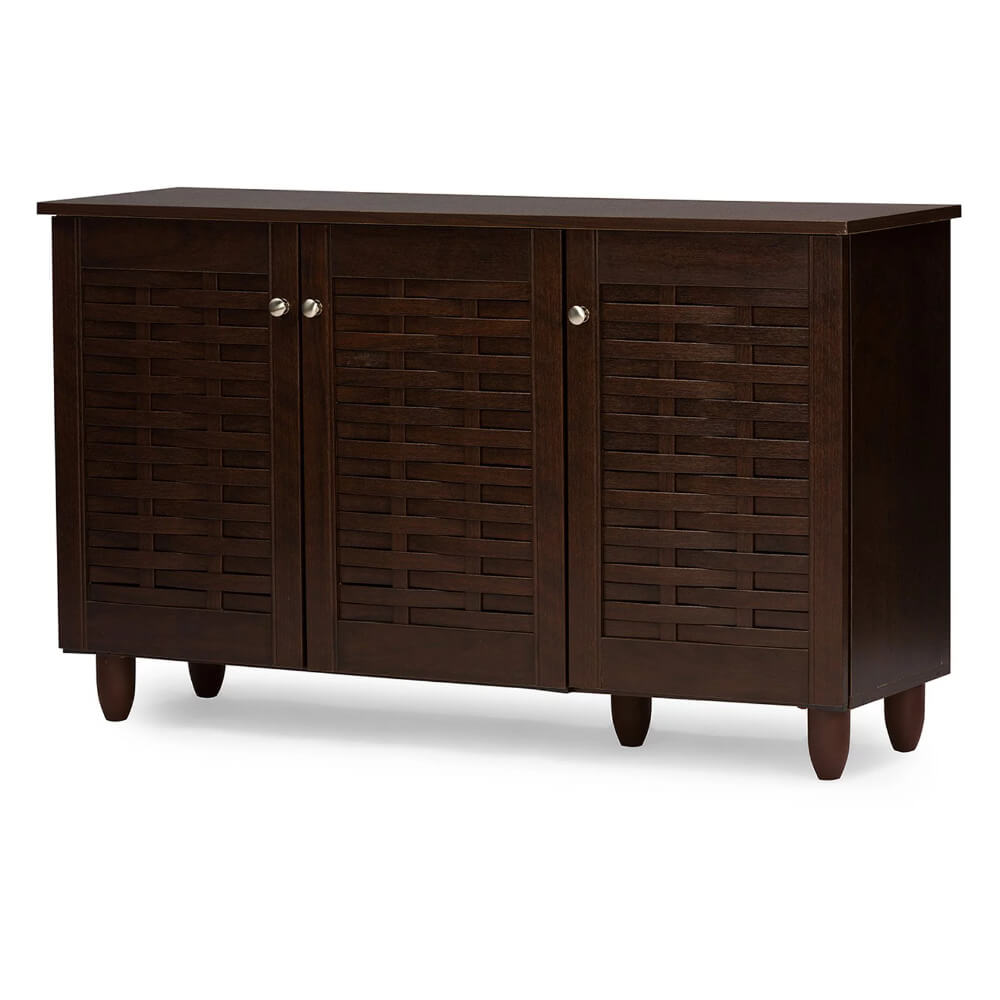 Winda Modern 3-Door Shoe Organizer showcasing adjustable shelves and dark brown finish