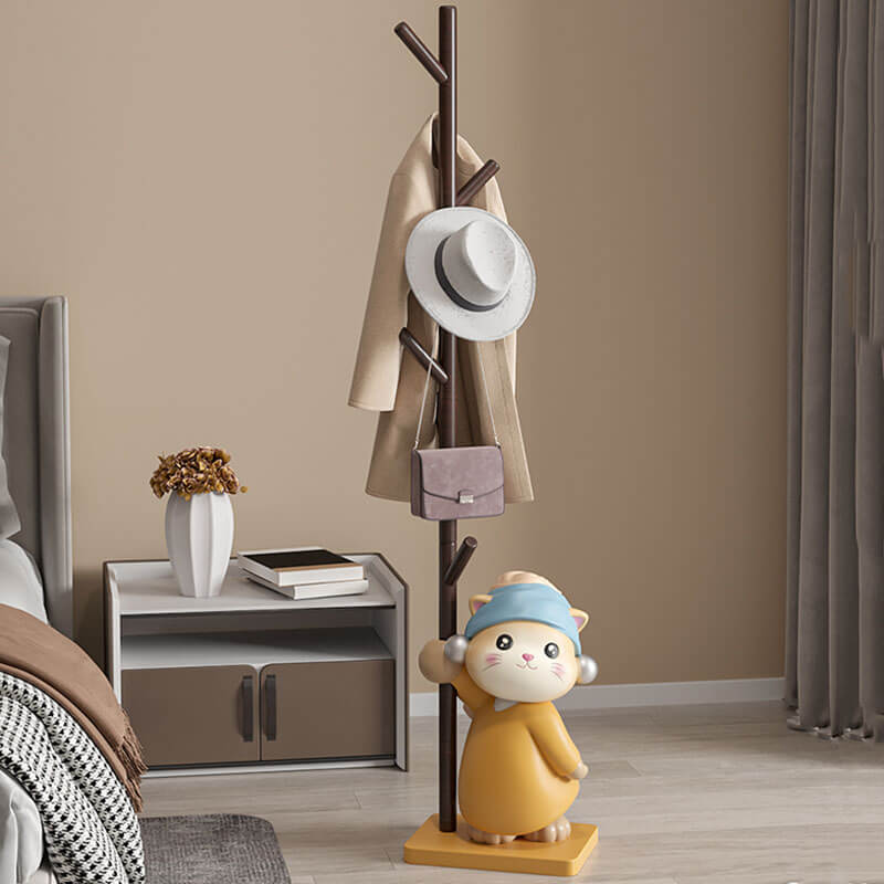 Close-up of the hooks on the wood coat rack, demonstrating its capacity for hanging coats, scarves, and hats elegantly.