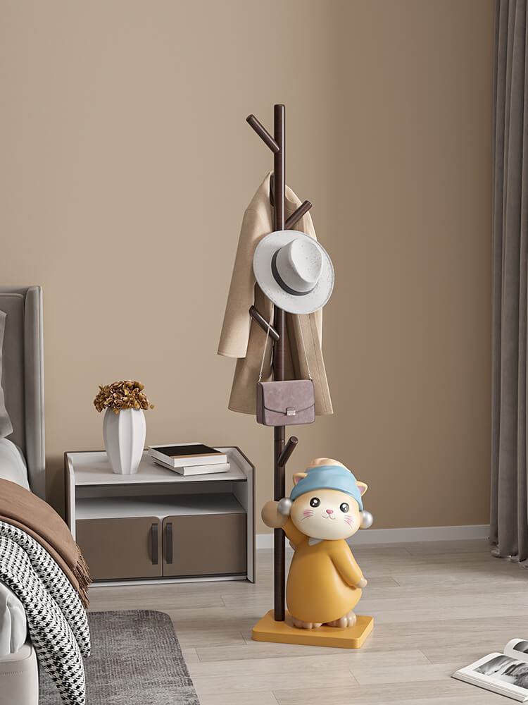 Close-up of the hooks on the wood coat rack, demonstrating its capacity for hanging coats, scarves, and hats elegantly.
