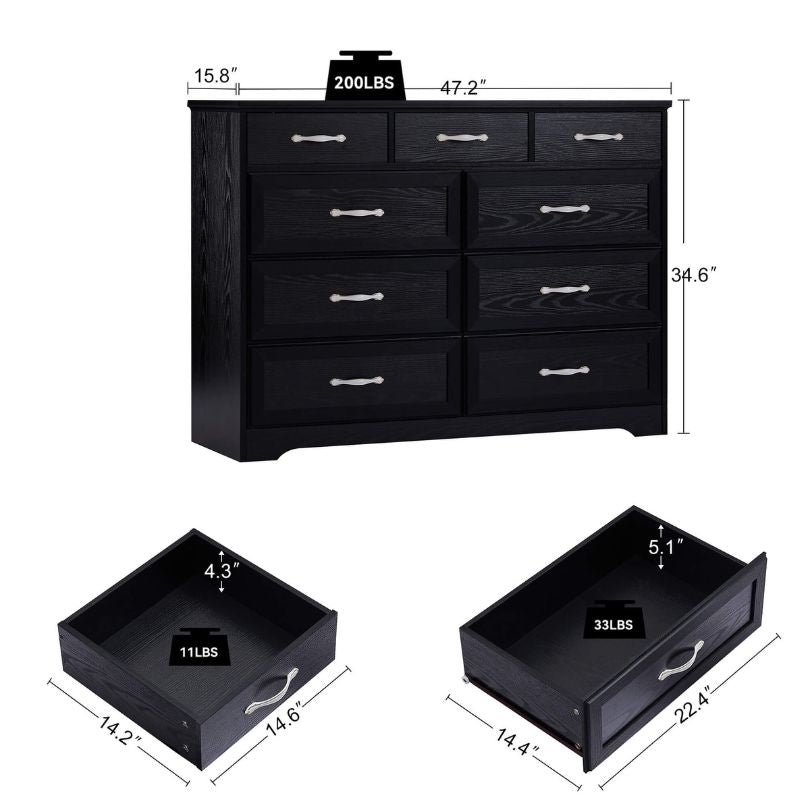 Elegant 9-Drawer Antique Wooden Double Dresser showcasing its nine drawers and antique handles from a side angle.