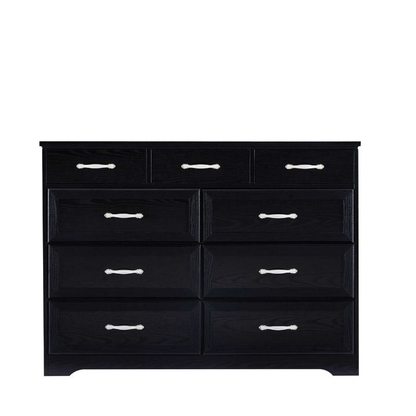 Spacious interior of the Elegant 9-Drawer Antique Wooden Double Dresser demonstrating ample storage for clothes and accessories.