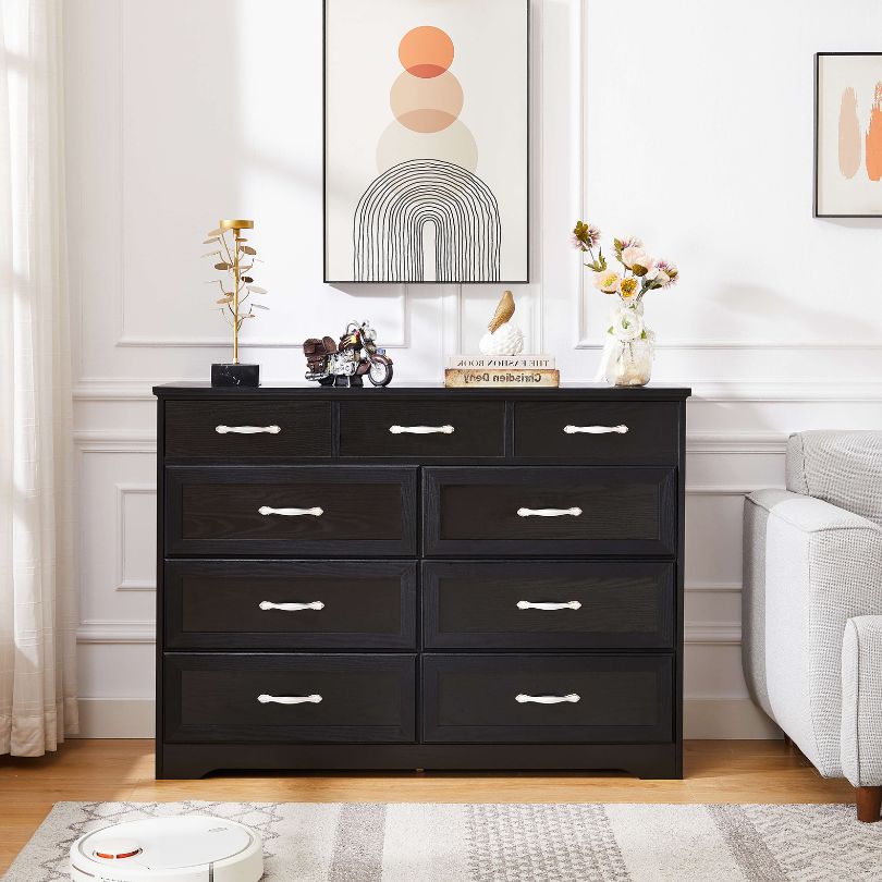 Elegant 9-Drawer Antique Wooden Double Dresser showcasing its nine drawers and antique handles from a side angle.