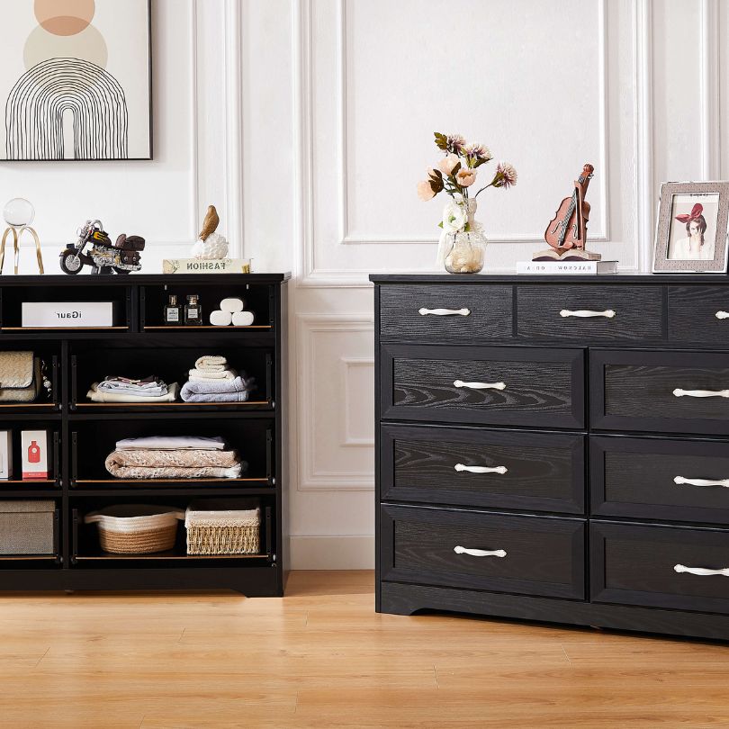 Elegant 9-Drawer Antique Wooden Double Dresser showcasing its nine drawers and antique handles from a side angle.