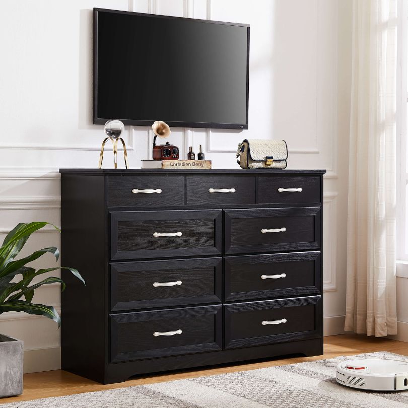 Close-up view of the antique handles on the Elegant 9-Drawer Wooden Double Dresser, highlighting its craftsmanship.