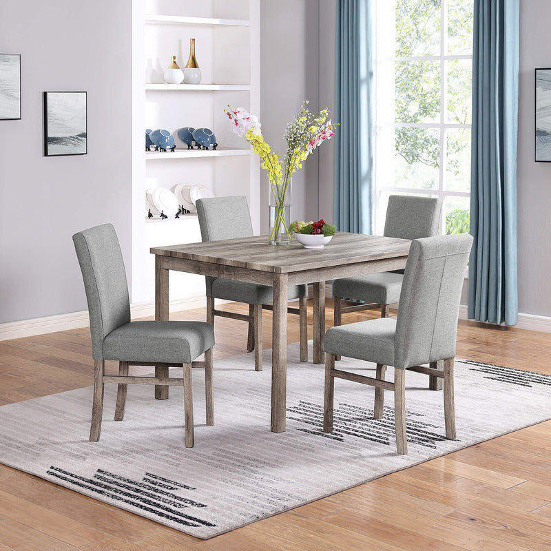Antique yellow and grey wooden dining table set showcasing ergonomic upholstered chairs