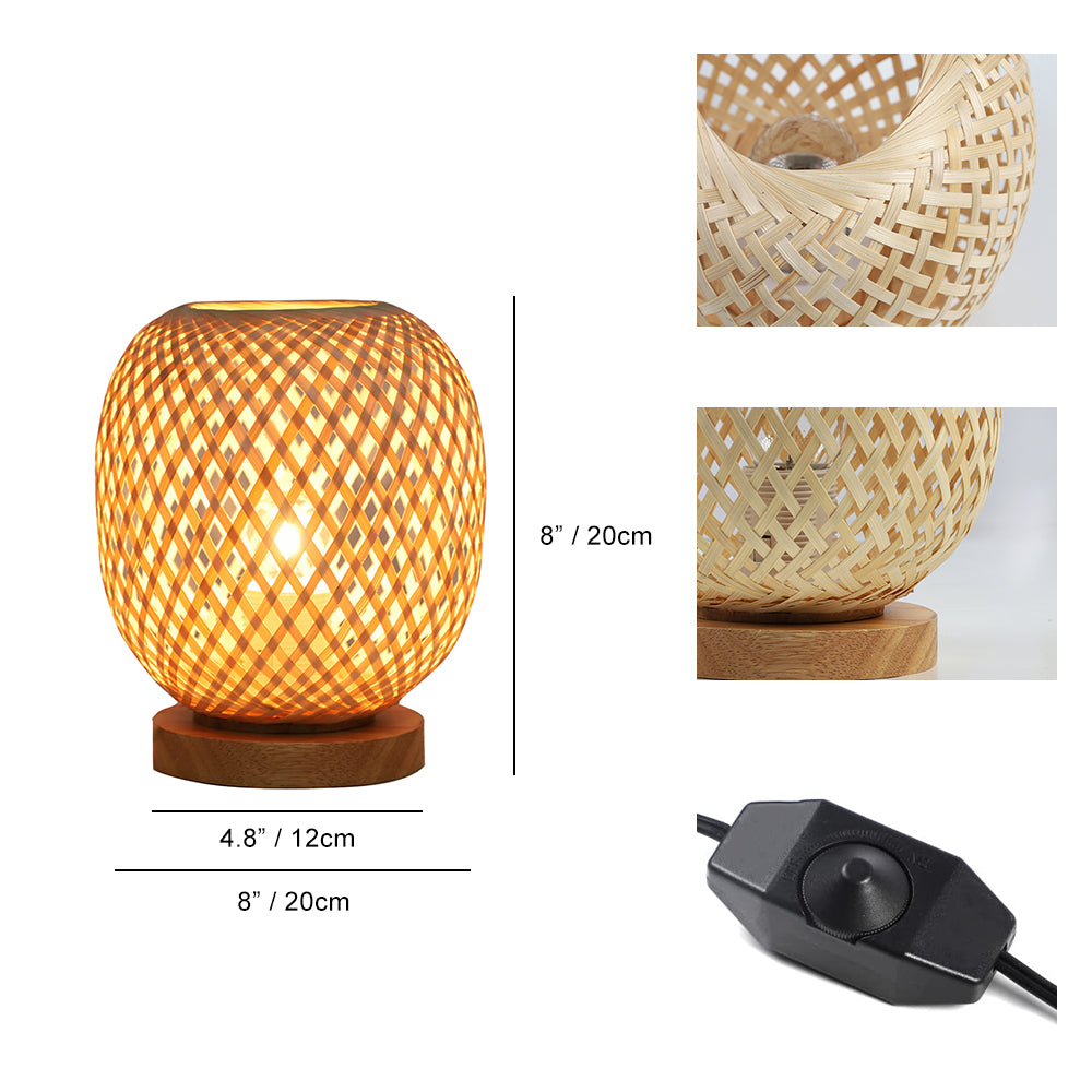 Dimmable handwoven rattan table lamp showcasing its intricate design, perfect for a cozy bedroom environment.