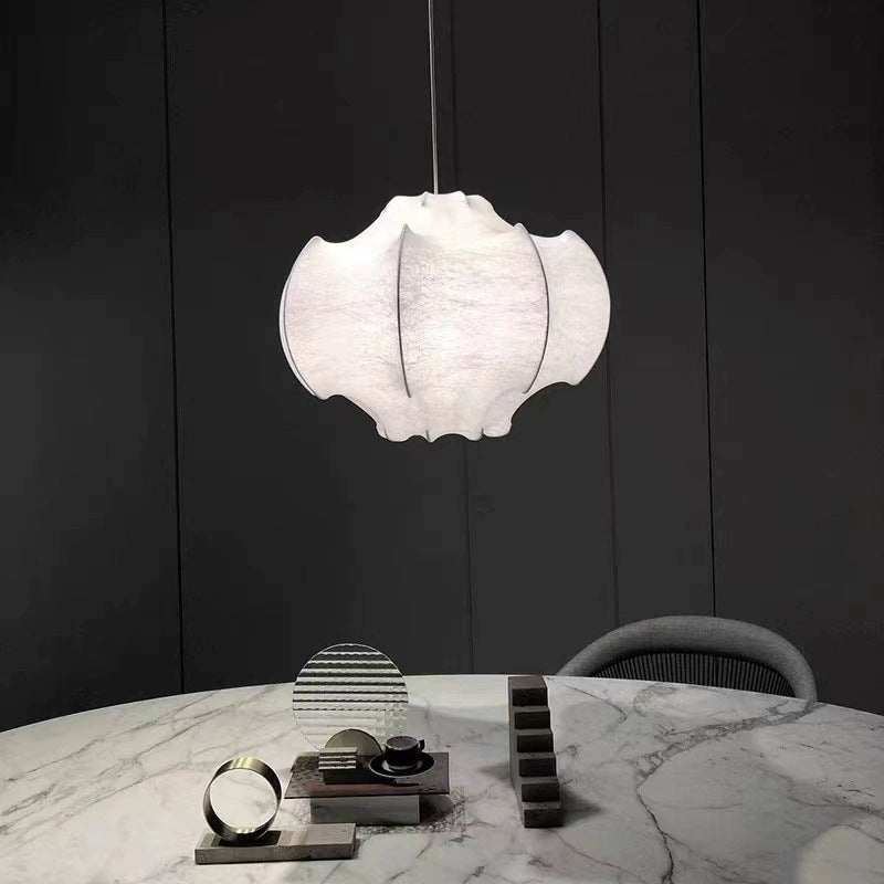 Close-up view of the Nordic designer silk LED pendant light showcasing its intricate cocoon-like design.