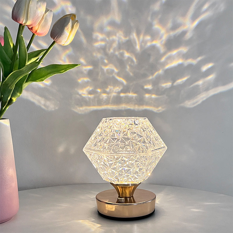 The projection lamp in a cozy bedroom setting, creating a warm and romantic atmosphere.